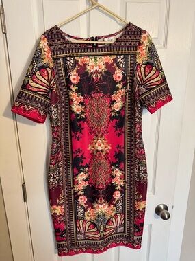 ECI Burgundy and Pink Floral Midi Sheath Dress